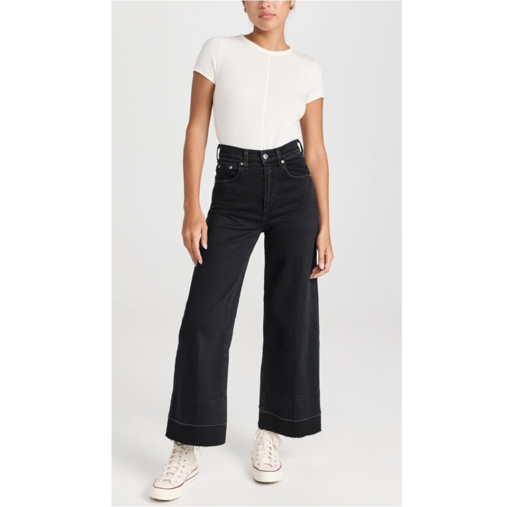 Le Jean Black Milo Sofia Wide Leg Raw Hem High Rise Jeans Size 28